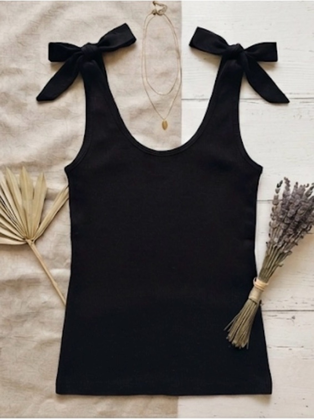 Black Tie-Shoulder Ribbed Tank Top